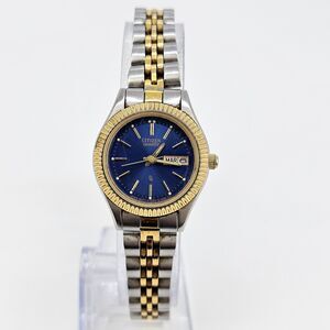 Citizen Women's Watch 25MM Blue Dial Day Date Two Tone Band 7" New Battery